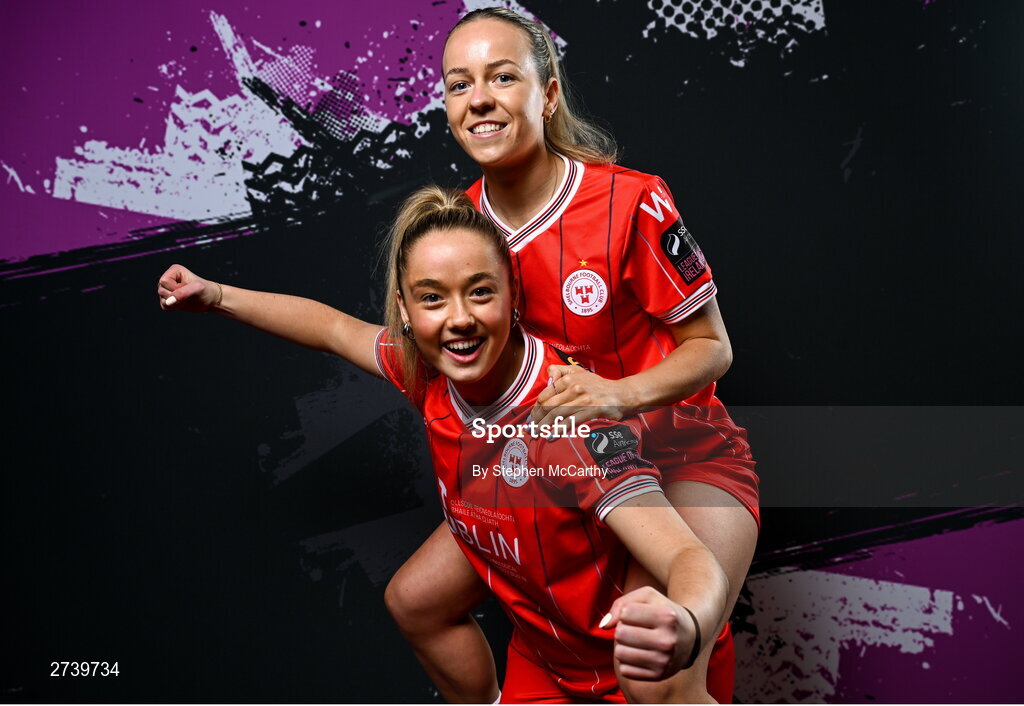 21 February 2024; Nadine Clare and Kerri Letmon, right, during a Shelbourne FC squad portraits at Tolka Park in Dublin. Photo by Stephen McCarthy/Sportsfile