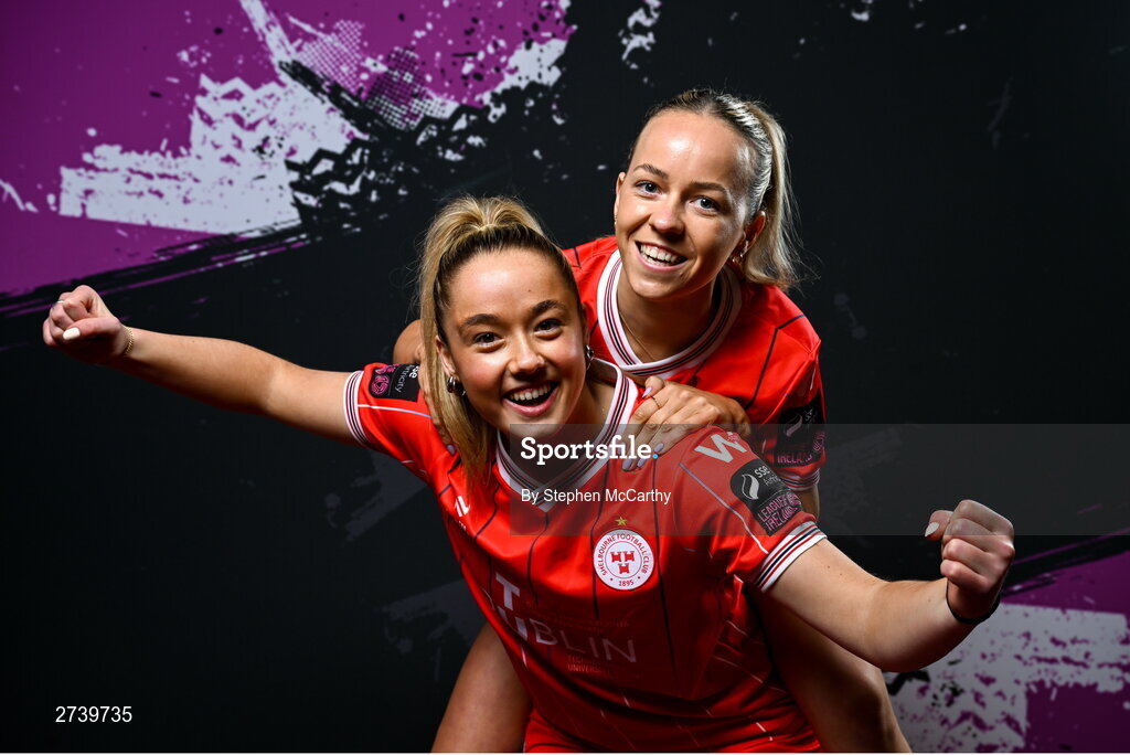 21 February 2024; Nadine Clare and Kerri Letmon, right, during a Shelbourne FC squad portraits at Tolka Park in Dublin. Photo by Stephen McCarthy/Sportsfile