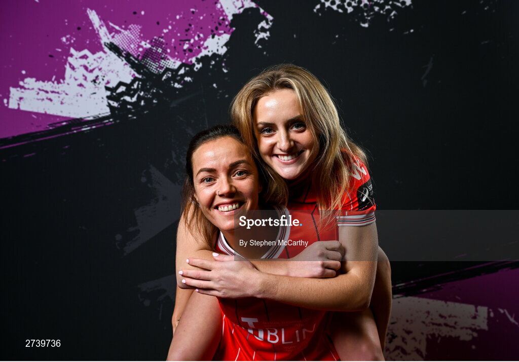 21 February 2024; Christie Gray and Maggie Pierce, right, during a Shelbourne FC squad portraits at Tolka Park in Dublin. Photo by Stephen McCarthy/Sportsfile