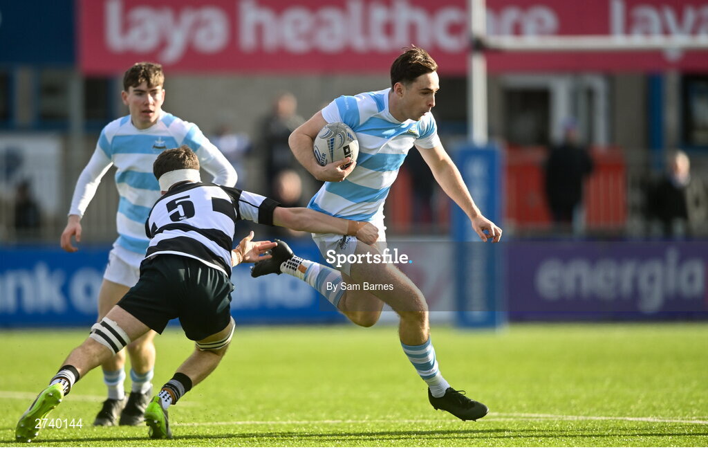 22 February 2024; Derry Moloney of Blackrock College is tackled by Conor Kearney of Cistercian College Roscrea during the Bank of Ireland Leinster Schools Senior Cup quarter-final match between Cistercian College, Roscrea and Blackrock College at Energia Park in Dublin. Photo by Sam Barnes/Sportsfile