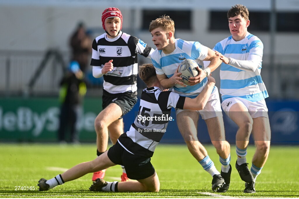 22 February 2024; Johnny O'Sullivan of Blackrock College is tackled by Raef Donnelly of Cistercian College Roscrea during the Bank of Ireland Leinster Schools Senior Cup quarter-final match between Cistercian College, Roscrea and Blackrock College at Energia Park in Dublin. Photo by Sam Barnes/Sportsfile