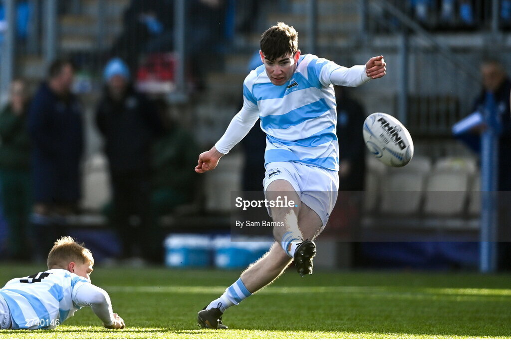 22 February 2024; Conor O'Shaughnessy of Blackrock College kicks a penalty with the help of team-mate Albert Lindner during the Bank of Ireland Leinster Schools Senior Cup quarter-final match between Cistercian College, Roscrea and Blackrock College at Energia Park in Dublin. Photo by Sam Barnes/Sportsfile