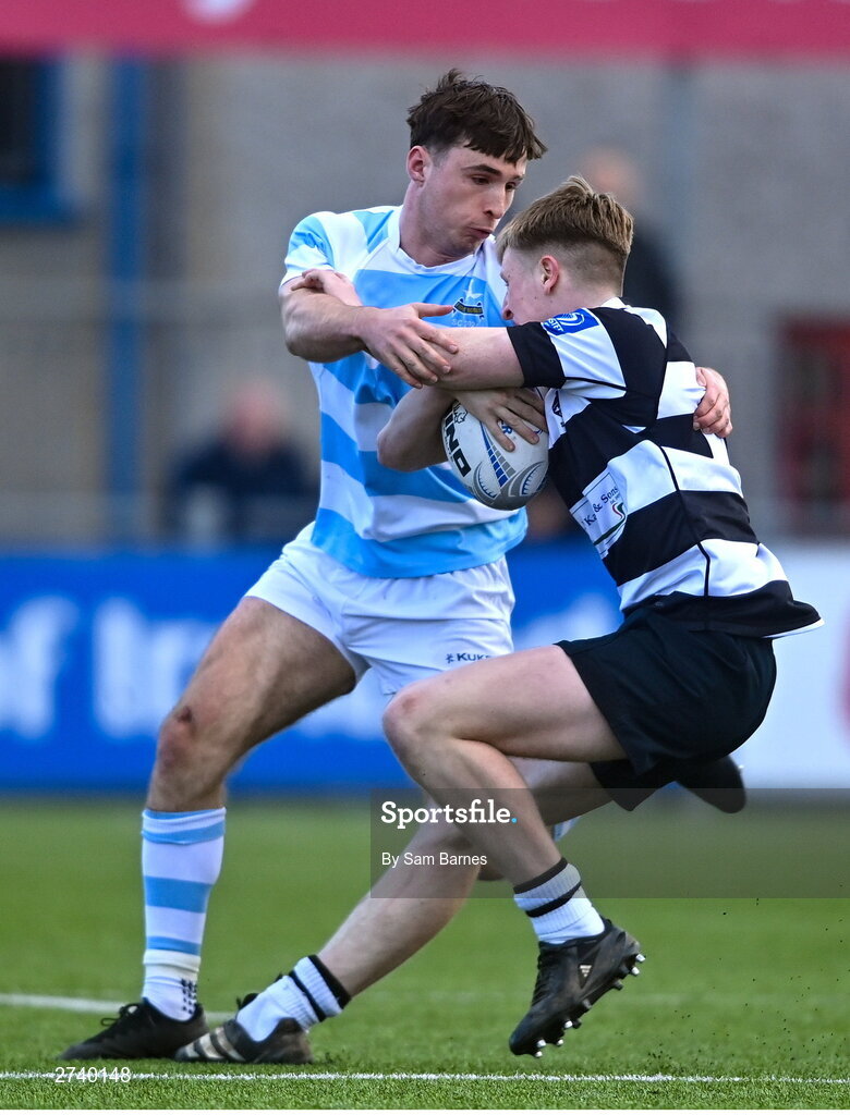 22 February 2024; Raef Donnelly of Cistercian College Roscrea is tackled by Derry Moloney of Blackrock College during the Bank of Ireland Leinster Schools Senior Cup quarter-final match between Cistercian College, Roscrea and Blackrock College at Energia Park in Dublin. Photo by Sam Barnes/Sportsfile