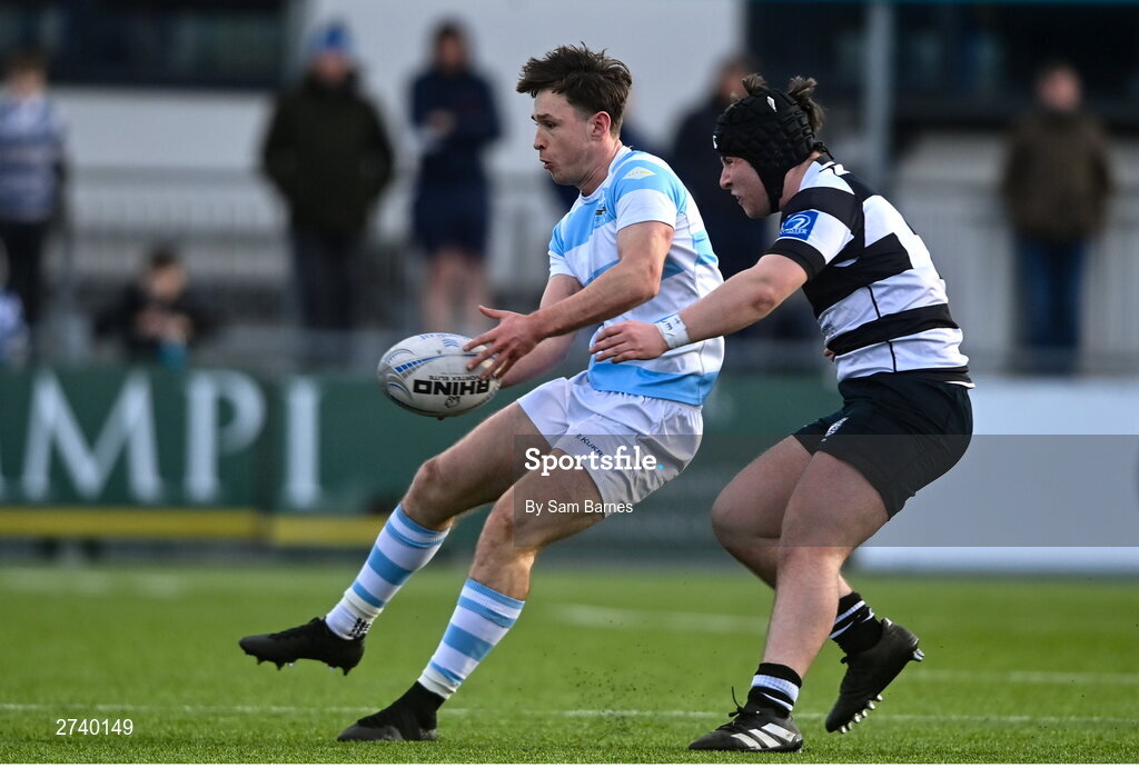 22 February 2024; Derry Moloney of Blackrock College in action against Eoin Naughton of Cistercian College Roscrea during the Bank of Ireland Leinster Schools Senior Cup quarter-final match between Cistercian College, Roscrea and Blackrock College at Energia Park in Dublin. Photo by Sam Barnes/Sportsfile