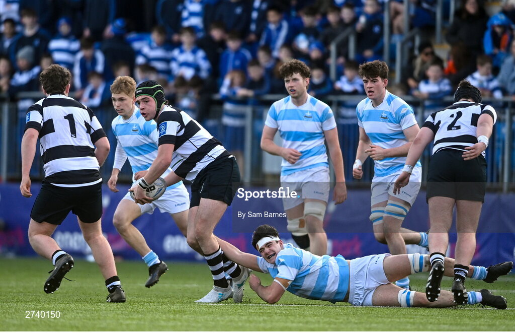 22 February 2024; Evan Brophy of Cistercian College Roscrea is tackled by Michael Walsh of Blackrock College during the Bank of Ireland Leinster Schools Senior Cup quarter-final match between Cistercian College, Roscrea and Blackrock College at Energia Park in Dublin. Photo by Sam Barnes/Sportsfile