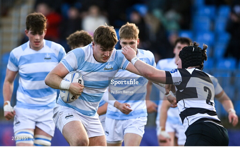 22 February 2024; Niall Smyth of Blackrock College in action against Eoin Naughton of Cistercian College Roscrea during the Bank of Ireland Leinster Schools Senior Cup quarter-final match between Cistercian College, Roscrea and Blackrock College at Energia Park in Dublin. Photo by Sam Barnes/Sportsfile