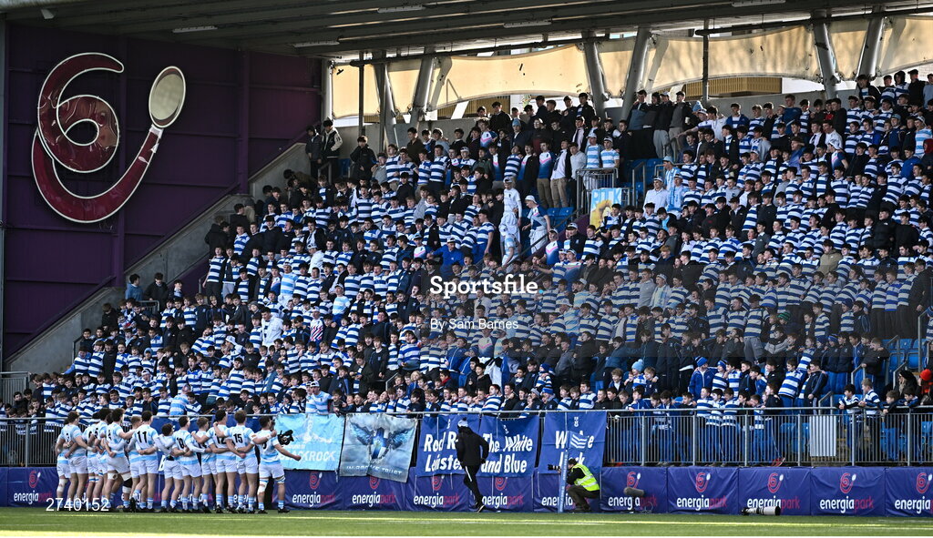 22 February 2024; Blackrock College players sing with supporters before the Bank of Ireland Leinster Schools Senior Cup quarter-final match between Cistercian College, Roscrea and Blackrock College at Energia Park in Dublin. Photo by Sam Barnes/Sportsfile