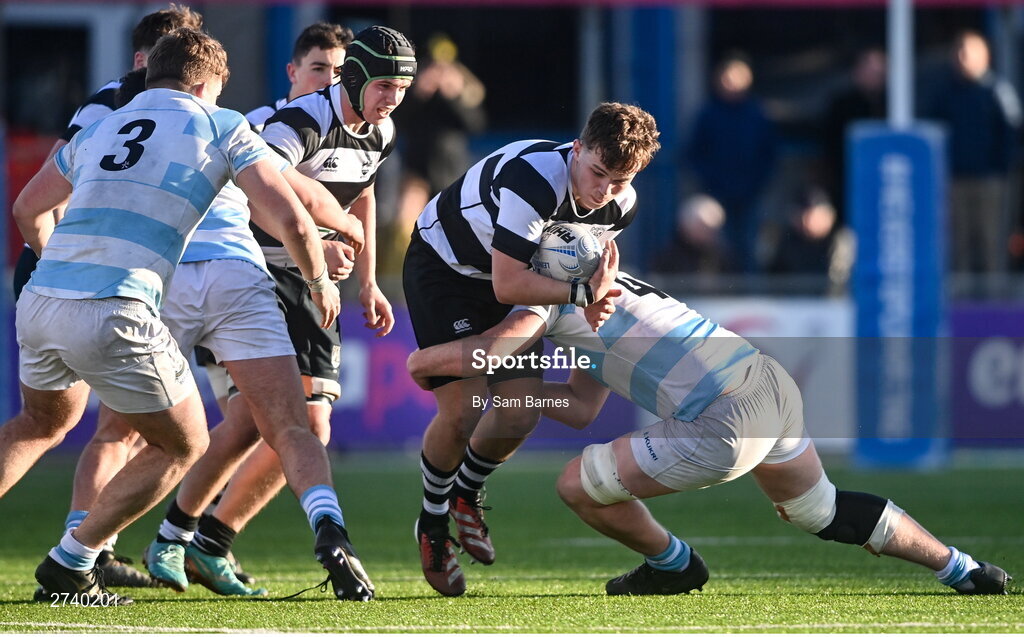 22 February 2024; James Miller of Cistercian College Roscrea is tackled by Thomas Butler of Blackrock College during the Bank of Ireland Leinster Schools Senior Cup quarter-final match between Cistercian College, Roscrea and Blackrock College at Energia Park in Dublin. Photo by Sam Barnes/Sportsfile