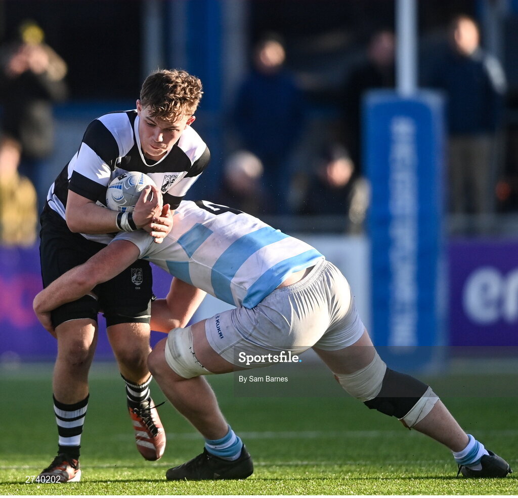 22 February 2024; James Miller of Cistercian College Roscrea is tackled by Thomas Butler of Blackrock College during the Bank of Ireland Leinster Schools Senior Cup quarter-final match between Cistercian College, Roscrea and Blackrock College at Energia Park in Dublin. Photo by Sam Barnes/Sportsfile