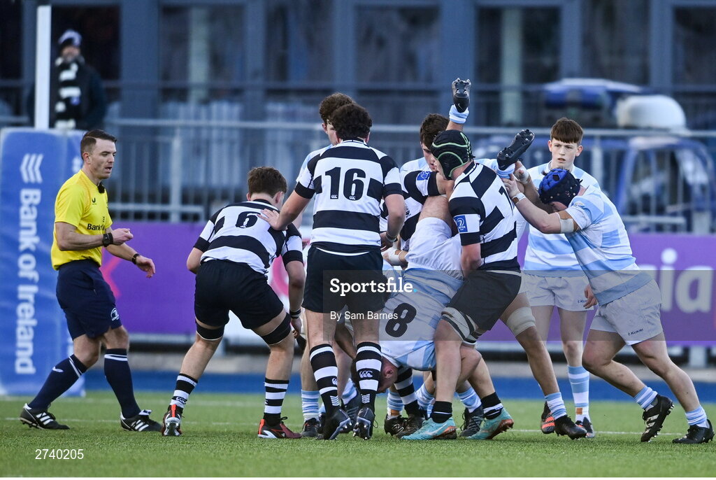 22 February 2024; Jack Angulo of Blackrock College is tackled during the Bank of Ireland Leinster Schools Senior Cup quarter-final match between Cistercian College, Roscrea and Blackrock College at Energia Park in Dublin. Photo by Sam Barnes/Sportsfile