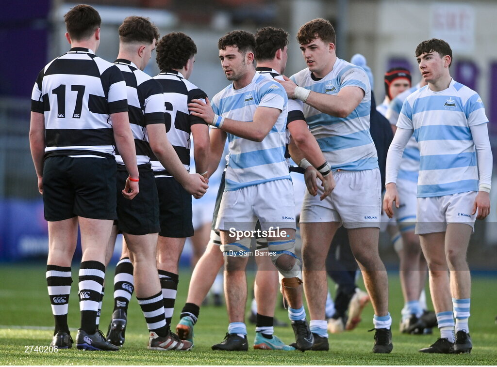 22 February 2024; Blackrock College players Jack Angulo, centre, and Niall Smyth, second from right, shake hands with players from Cistercian College Roscrea after the Bank of Ireland Leinster Schools Senior Cup quarter-final match between Cistercian College, Roscrea and Blackrock College at Energia Park in Dublin. Photo by Sam Barnes/Sportsfile