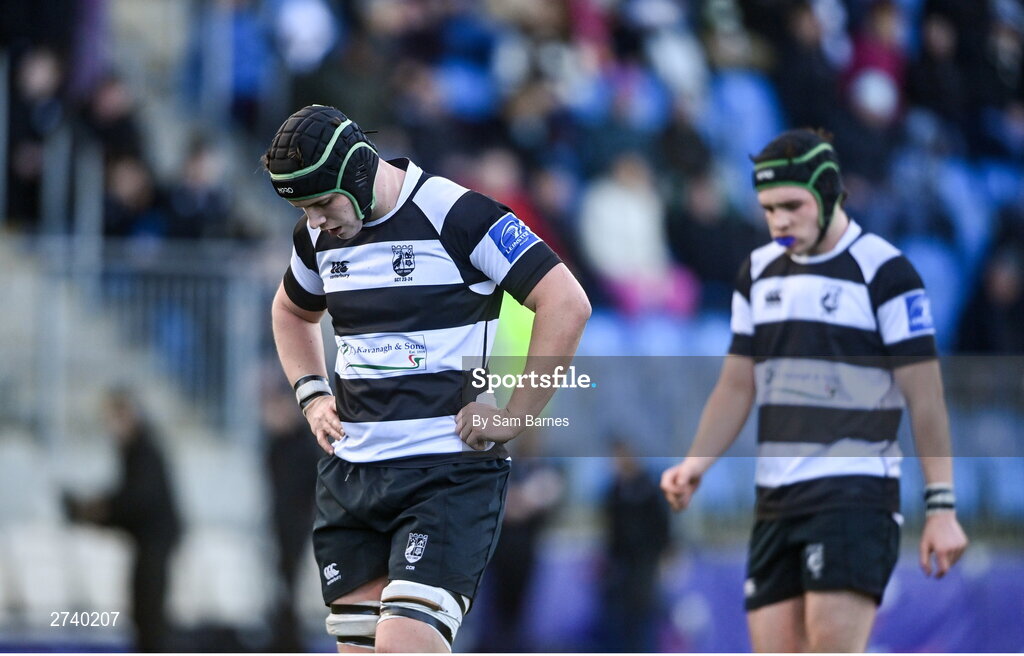 22 February 2024; William Hayes of Cistercian College Roscrea dejected after his side's defeat in the Bank of Ireland Leinster Schools Senior Cup quarter-final match between Cistercian College, Roscrea and Blackrock College at Energia Park in Dublin. Photo by Sam Barnes/Sportsfile