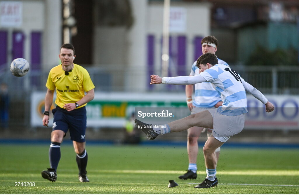 22 February 2024; Conor O'Shaughnessy of Blackrock College kicks a penalty during the Bank of Ireland Leinster Schools Senior Cup quarter-final match between Cistercian College, Roscrea and Blackrock College at Energia Park in Dublin. Photo by Sam Barnes/Sportsfile