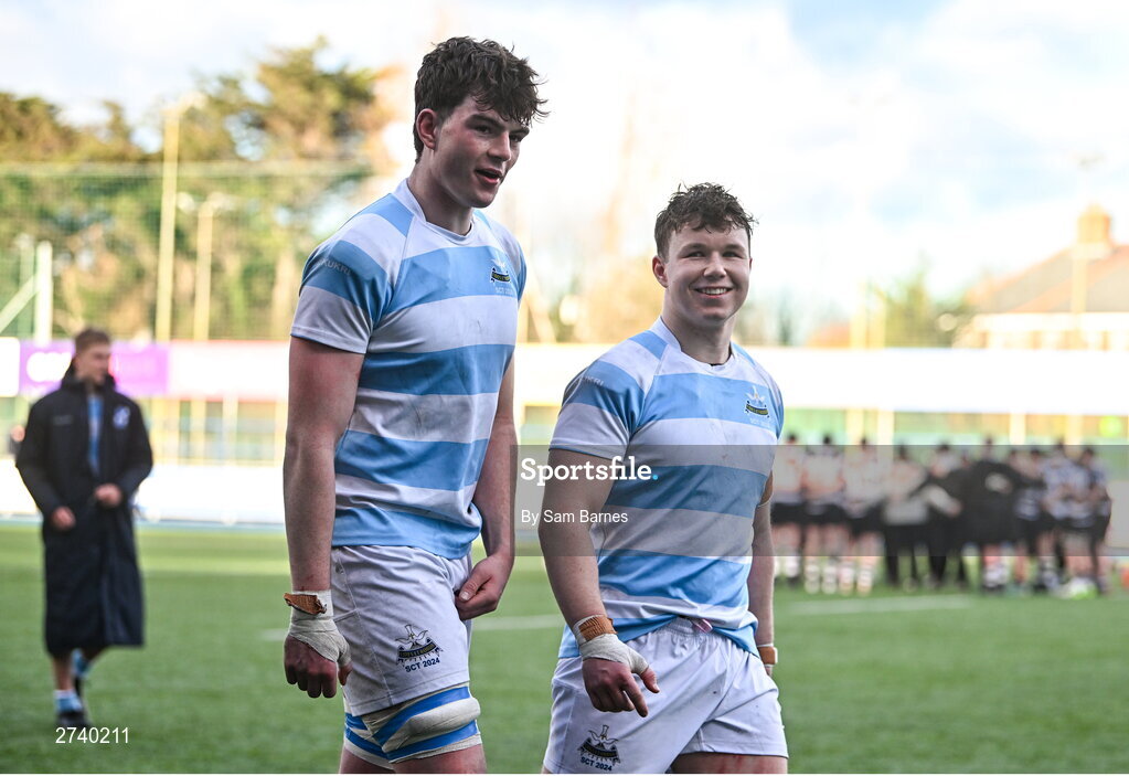 22 February 2024; Jack O'Neill, left, and Donnacha McGuire of Blackrock College after their side's victory in the Bank of Ireland Leinster Schools Senior Cup quarter-final match between Cistercian College, Roscrea and Blackrock College at Energia Park in Dublin. Photo by Sam Barnes/Sportsfile