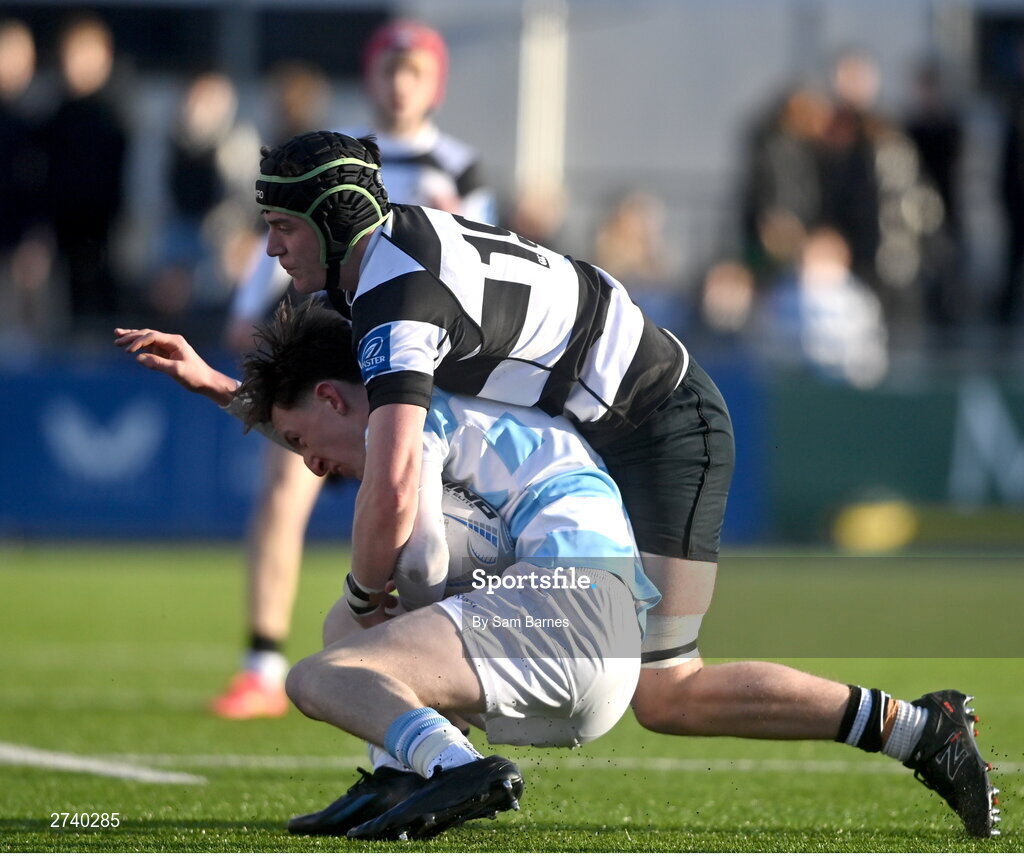 22 February 2024; Brian O'Flaherty of Blackrock College is tackled by Sean Killeen of Cistercian College Roscrea during the Bank of Ireland Leinster Schools Senior Cup quarter-final match between Cistercian College, Roscrea and Blackrock College at Energia Park in Dublin. Photo by Sam Barnes/Sportsfile