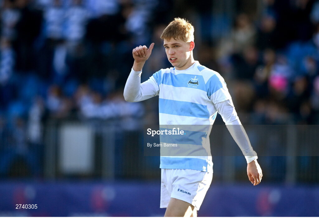 22 February 2024; Albert Lindner of Blackrock College during the Bank of Ireland Leinster Schools Senior Cup quarter-final match between Cistercian College, Roscrea and Blackrock College at Energia Park in Dublin. Photo by Sam Barnes/Sportsfile