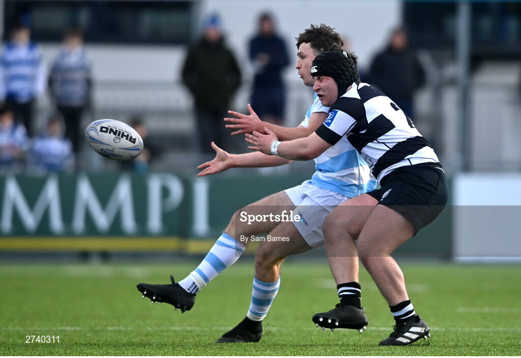22 February 2024; Derry Moloney of Blackrock College in action against Eoin Naughton of Cistercian College Roscrea during the Bank of Ireland Leinster Schools Senior Cup quarter-final match between Cistercian College, Roscrea and Blackrock College at Energia Park in Dublin. Photo by Sam Barnes/Sportsfile