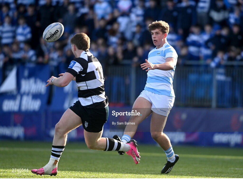 22 February 2024; Charlie Molony of Blackrock College in action against Robert Carney of Cistercian College Roscrea during the Bank of Ireland Leinster Schools Senior Cup quarter-final match between Cistercian College, Roscrea and Blackrock College at Energia Park in Dublin. Photo by Sam Barnes/Sportsfile