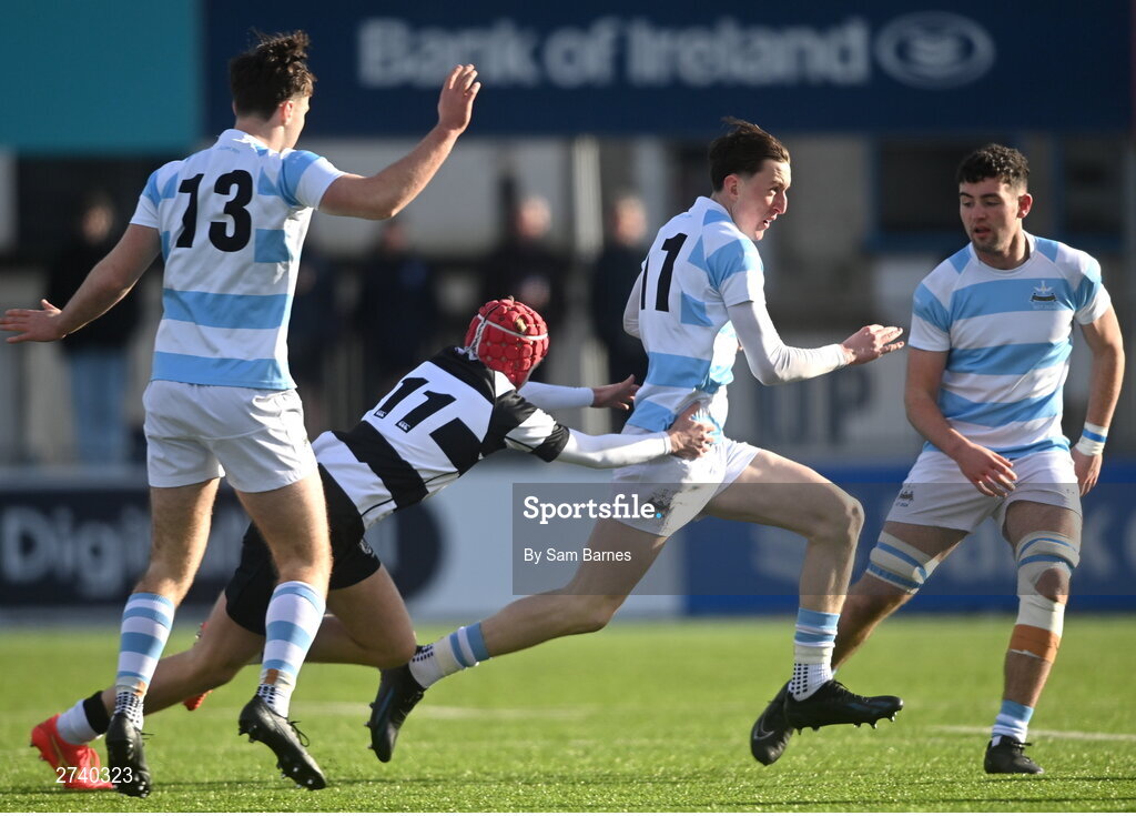 22 February 2024; Brian O'Flaherty of Blackrock College is tackled by Harry Finlay of Cistercian College Roscrea during the Bank of Ireland Leinster Schools Senior Cup quarter-final match between Cistercian College, Roscrea and Blackrock College at Energia Park in Dublin. Photo by Sam Barnes/Sportsfile