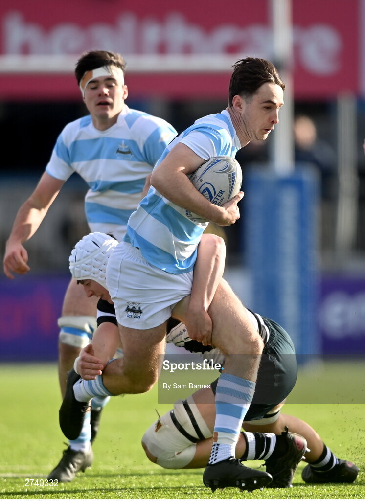 22 February 2024; Derry Moloney of Blackrock College is tackled by Joe Finn of Cistercian College Roscrea during the Bank of Ireland Leinster Schools Senior Cup quarter-final match between Cistercian College, Roscrea and Blackrock College at Energia Park in Dublin. Photo by Sam Barnes/Sportsfile