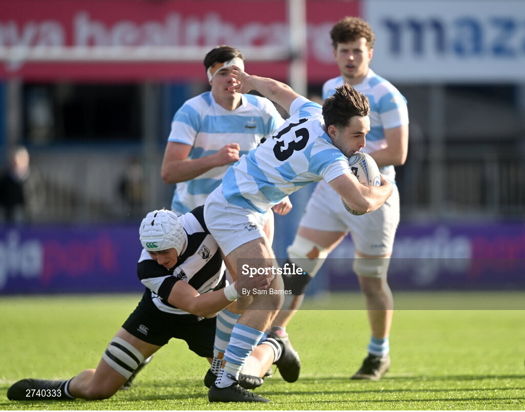 22 February 2024; Derry Moloney of Blackrock College is tackled by Joe Finn of Cistercian College Roscrea during the Bank of Ireland Leinster Schools Senior Cup quarter-final match between Cistercian College, Roscrea and Blackrock College at Energia Park in Dublin. Photo by Sam Barnes/Sportsfile