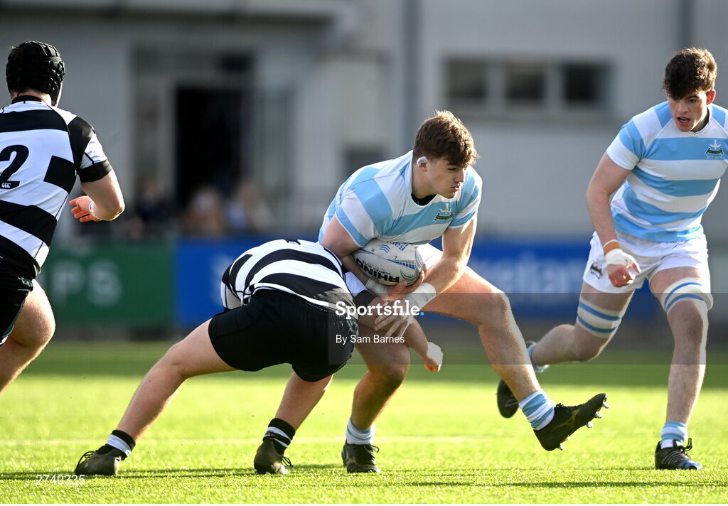 22 February 2024; Niall Smyth of Blackrock College in action against Fionn Hogan of Cistercian College Roscrea during the Bank of Ireland Leinster Schools Senior Cup quarter-final match between Cistercian College, Roscrea and Blackrock College at Energia Park in Dublin. Photo by Sam Barnes/Sportsfile