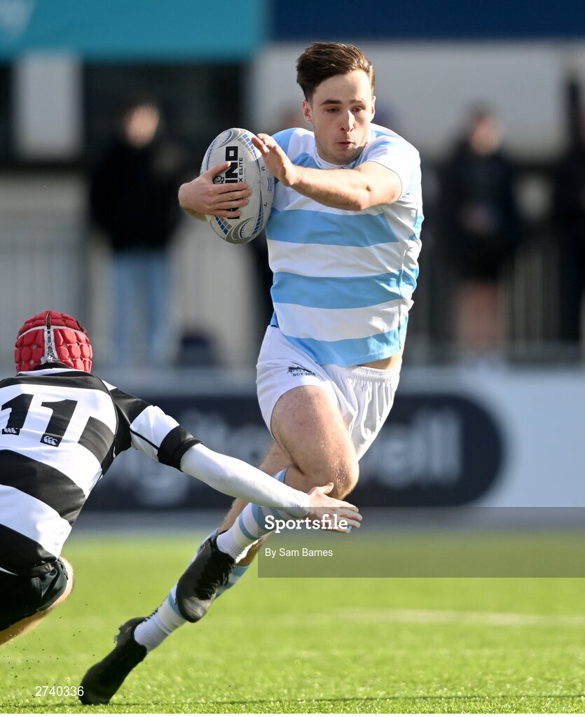 22 February 2024; Derry Moloney of Blackrock College in action against Harry Finlay of Cistercian College Roscrea during the Bank of Ireland Leinster Schools Senior Cup quarter-final match between Cistercian College, Roscrea and Blackrock College at Energia Park in Dublin. Photo by Sam Barnes/Sportsfile