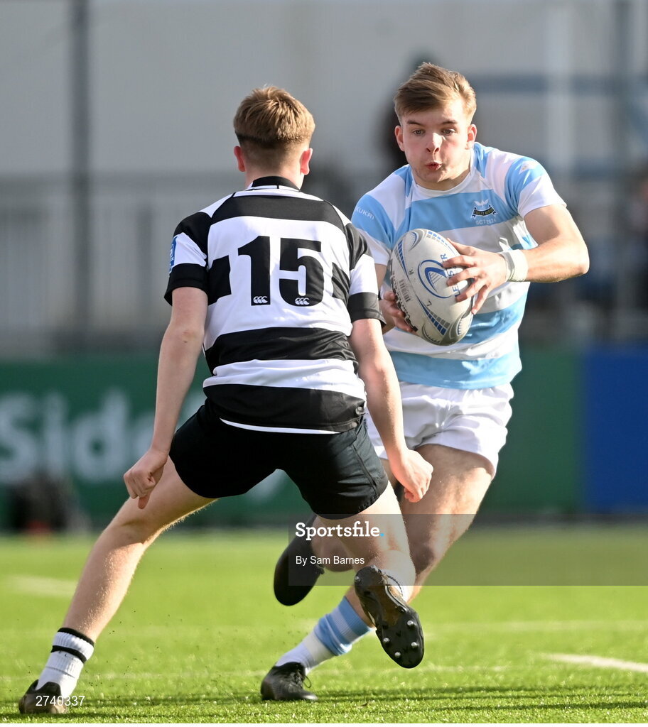 22 February 2024; Johnny O'Sullivan of Blackrock College in action against Raef Donnelly of Cistercian College Roscrea during the Bank of Ireland Leinster Schools Senior Cup quarter-final match between Cistercian College, Roscrea and Blackrock College at Energia Park in Dublin. Photo by Sam Barnes/Sportsfile