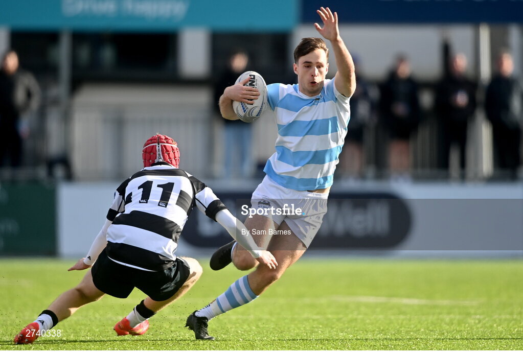 22 February 2024; Derry Moloney of Blackrock College in action against Harry Finlay of Cistercian College Roscrea during the Bank of Ireland Leinster Schools Senior Cup quarter-final match between Cistercian College, Roscrea and Blackrock College at Energia Park in Dublin. Photo by Sam Barnes/Sportsfile