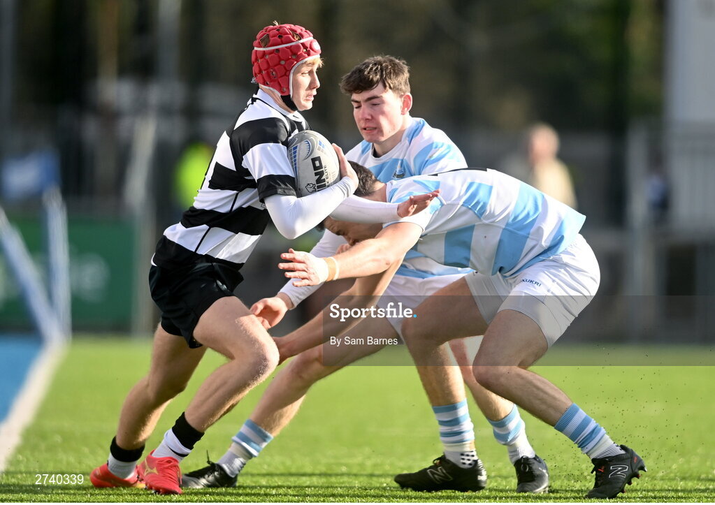 22 February 2024; Harry Finlay of Cistercian College Roscrea is tackled by Mark Walsh of Blackrock College during the Bank of Ireland Leinster Schools Senior Cup quarter-final match between Cistercian College, Roscrea and Blackrock College at Energia Park in Dublin. Photo by Sam Barnes/Sportsfile