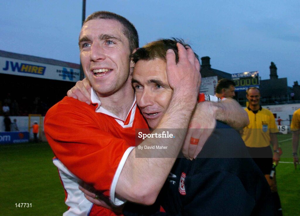 21 July 2004; Owen Heary, left, Shelbourne, celebrates with his manager Pat Fenlon at the end of the game after victory over KR Reykjavik. UEFA Champions League 1st Qualifying Round, Second Leg, Shelbourne v KR Reykjavik, Tolka Park, Dublin. Picture credit; David Maher / SPORTSFILE