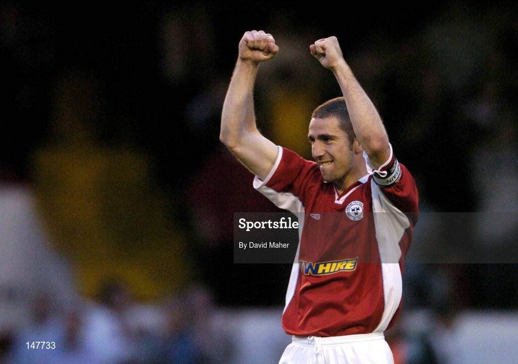 21 July 2004; Owen Heary, Shelbourne, celebrates at the end of the game after victory over KR Reykjavik. UEFA Champions League 1st Qualifying Round, Second Leg, Shelbourne v KR Reykjavik, Tolka Park, Dublin. Picture credit; David Maher / SPORTSFILE
