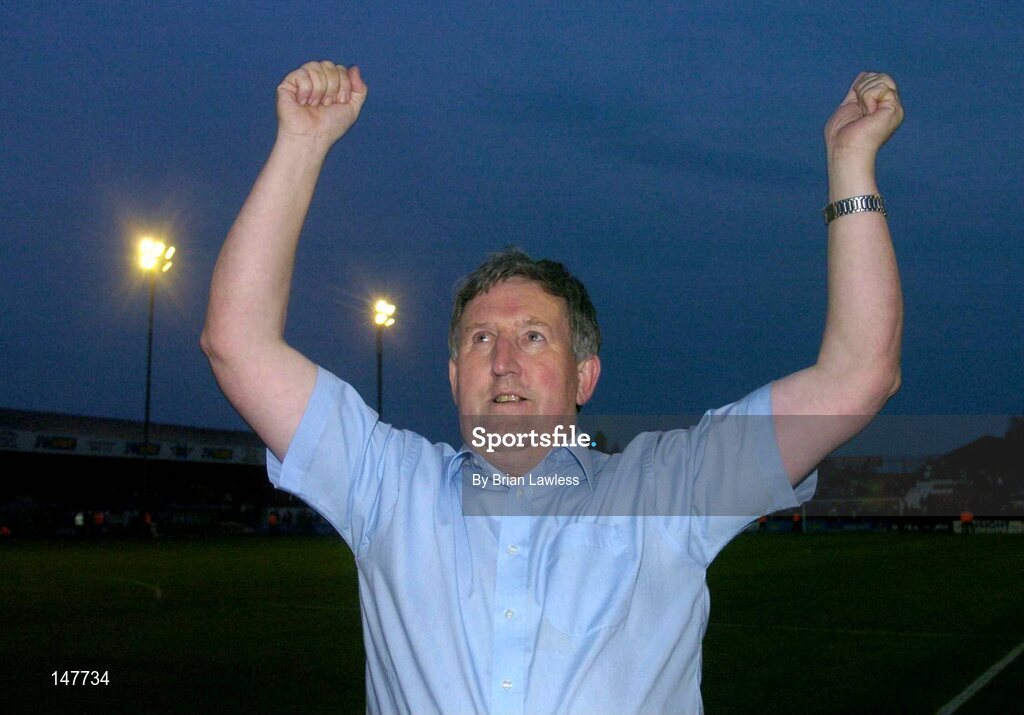 21 July 2004; Ollie Byrne, Secretary of Shelbourne F.C. celebrates after victory over KR Reykjavik. UEFA Champions League 1st Qualifying Round, Second Leg, Shelbourne v KR Reykjavik, Tolka Park, Dublin. Picture credit; Brian Lawless / SPORTSFILE