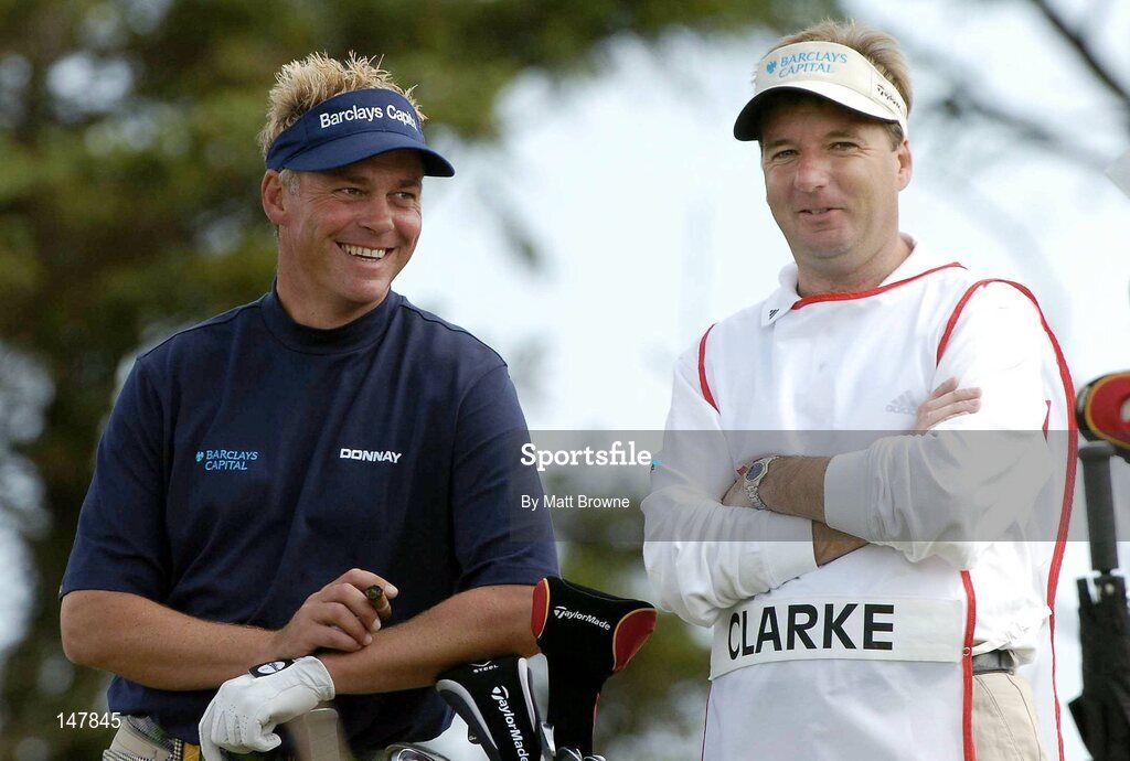 21 July 2004; Darren Clarke in jovial mood with his caddy JP Fitzgerald during the first round. Nissan Irish Open Golf Championship, County Louth Golf Club, Baltray, Co. Louth. Picture credit; Matt Browne / SPORTSFILE