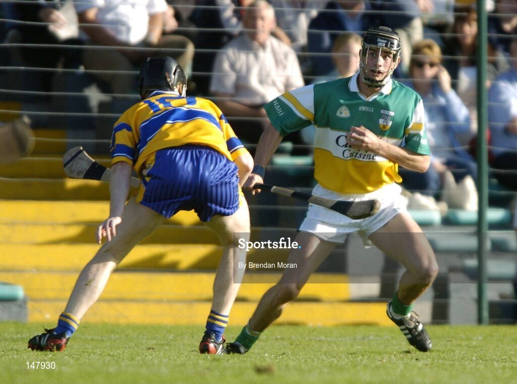 17 July 2004; Rory Hanniffy, Offaly, in action against Frank Lohan, Clare. Guinness Senior Hurling Championship Qualifier, Round 3, Clare v Offaly, Gaelic Grounds, Limerick. Picture credit; Brendan Moran / SPORTSFILE