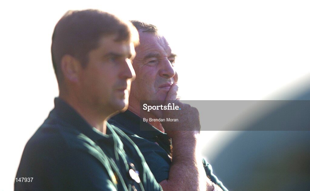 17 July 2004; Mike McNamara, Offaly manager, right, alongside Offaly team steward Michael Duignan. Guinness Senior Hurling Championship Qualifier, Round 3, Clare v Offaly, Gaelic Grounds, Limerick. Picture credit; Brendan Moran / SPORTSFILE