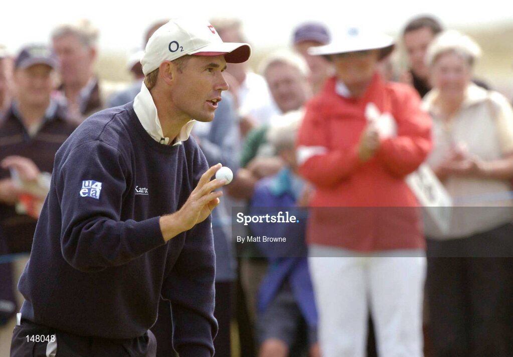 23 July 2004; Padraig Harrington pictured after his birdie putt on the 18th green during the second round. Nissan Irish Open Golf Championship, County Louth Golf Club, Baltray, Co. Louth. Picture credit; Matt Browne / SPORTSFILE