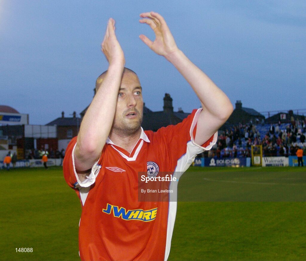 21 July 2004; Shelbourne's Dave Rogers applauds the fans after victory over KR Reykjavik. UEFA Champions League 1st Qualifying Round, Second Leg, Shelbourne v KR Reykjavik, Tolka Park, Dublin. Picture credit; Brian Lawless / SPORTSFILE