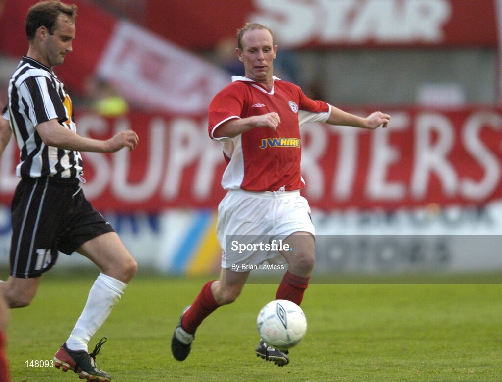 21 July 2004; Thomas Morgan, Shelbourne, in action against Sigurvin Olafsson, KR Reykjavik. UEFA Champions League 1st Qualifying Round, Second Leg, Shelbourne v KR Reykjavik, Tolka Park, Dublin. Picture credit; Brian Lawless / SPORTSFILE