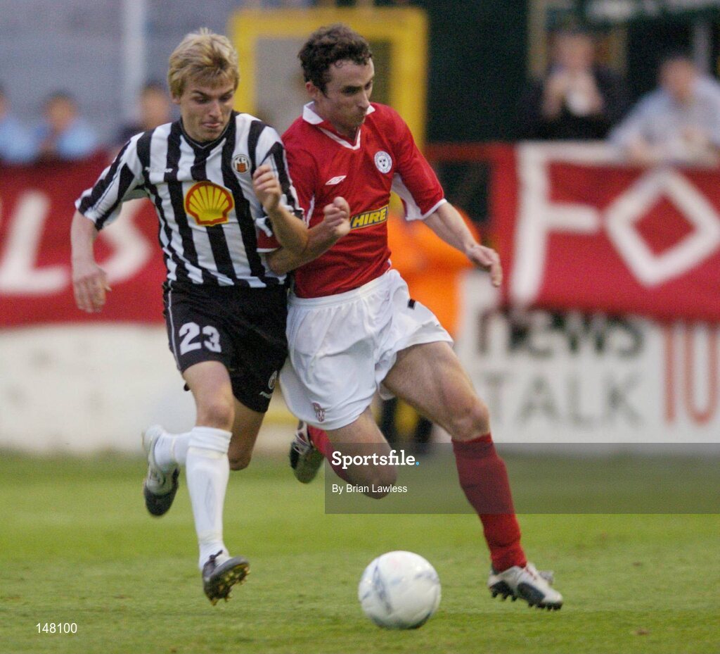 21 July 2004; Ollie Cahill, Shelbourne, in action against Jokull Elisarbetarson, KR Reykjavik. UEFA Champions League 1st Qualifying Round, Second Leg, Shelbourne v KR Reykjavik, Tolka Park, Dublin. Picture credit; Brian Lawless / SPORTSFILE