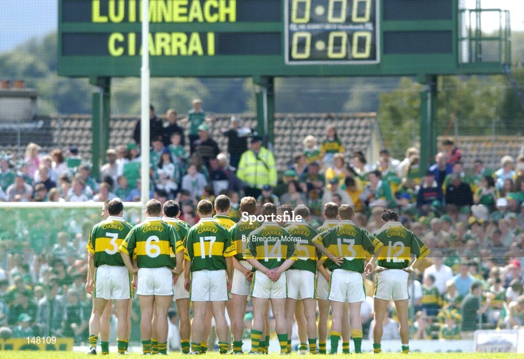 18 July 2004; The Kerry team stand for the national anthem before the game. Bank of Ireland Munster Senior Football Championship Final Replay, Kerry v Limerick, Fitzgerald Stadium, Killarney, Co. Kerry. Picture credit; Brendan Moran / SPORTSFILE