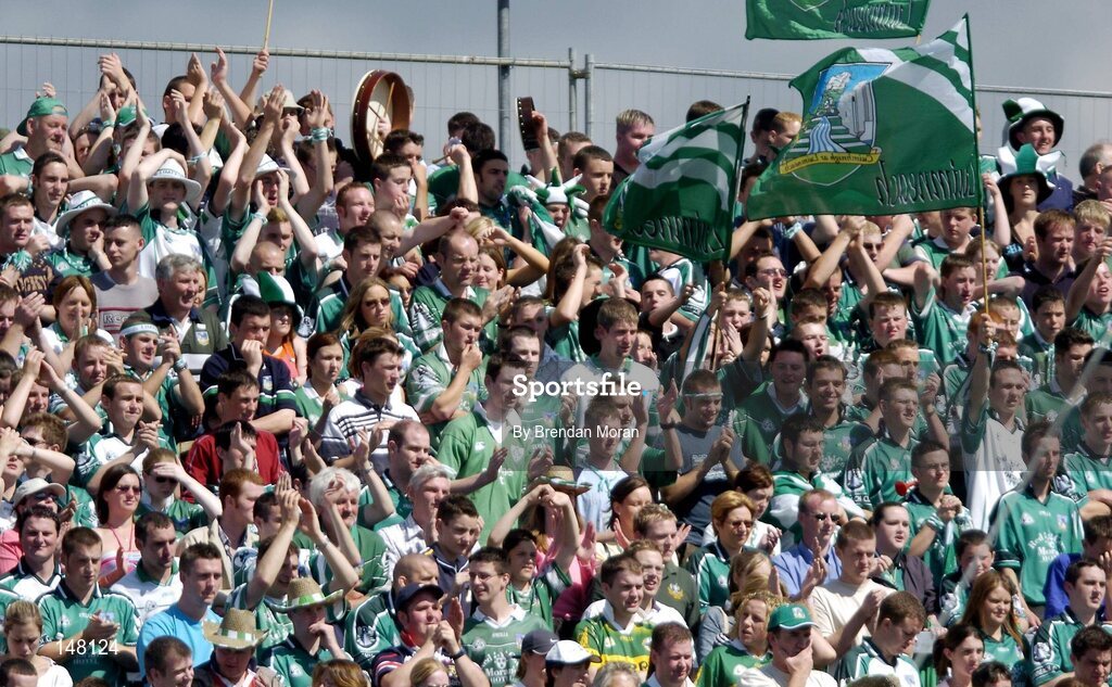 18 July 2004; Limerick fans cheer on thieir side during the game. Bank of Ireland Munster Senior Football Championship Final Replay, Kerry v Limerick, Fitzgerald Stadium, Killarney, Co. Kerry. Picture credit; Brendan Moran / SPORTSFILE