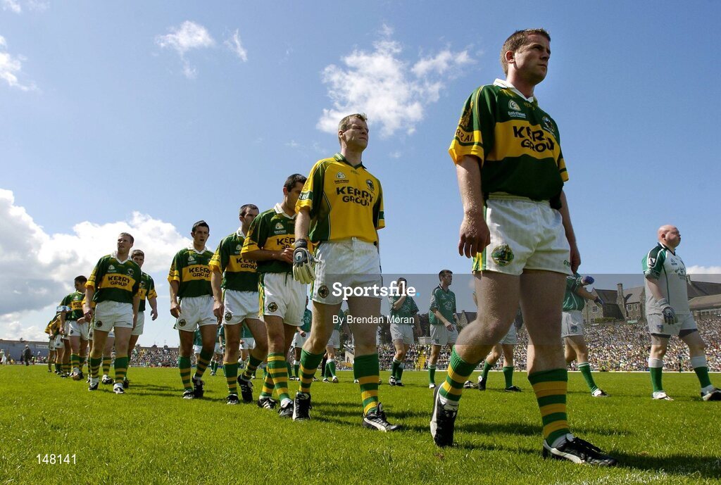 18 July 2004; Kerry captain Dara O'Cinnedie leads his side in the pre-match parade. Bank of Ireland Munster Senior Football Championship Final Replay, Kerry v Limerick, Fitzgerald Stadium, Killarney, Co. Kerry. Picture credit; Brendan Moran / SPORTSFILE