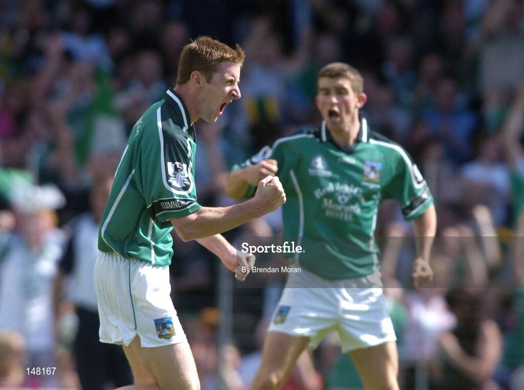 18 July 2004; Eoin Keating, Limerick, celebrates after scoring his sides second goal from a penalty. Bank of Ireland Munster Senior Football Championship Final Replay, Kerry v Limerick, Fitzgerald Stadium, Killarney, Co. Kerry. Picture credit; Brendan Moran / SPORTSFILE