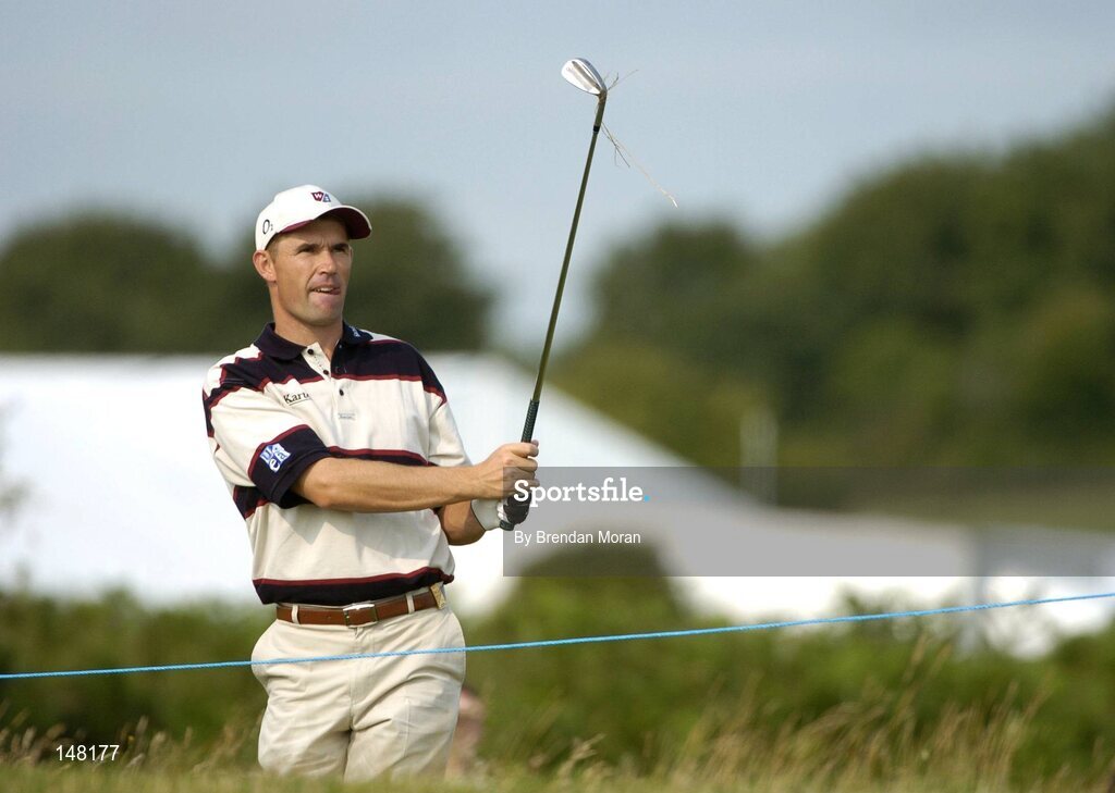 21 July 2004; Padraig Harrington watches his approach shot to the first green. Nissan Irish Open Pro Am, County Louth Golf Club, Baltray, Co. Louth. Picture credit; Brendan Moran / SPORTSFILE