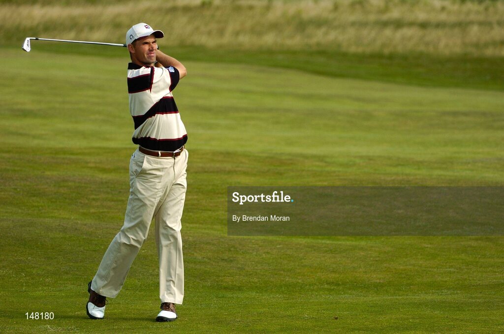21 July 2004; Padraig Harrington watches his second shot on the 2nd fairway. Nissan Irish Open Pro Am, County Louth Golf Club, Baltray, Co. Louth. Picture credit; Brendan Moran / SPORTSFILE