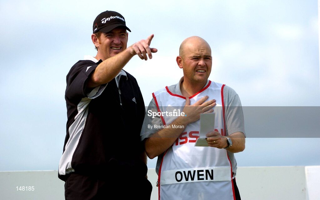 21 July 2004; Greg Owen checks the yardage with his caddy on the 8th tee box. Nissan Irish Open Pro Am, County Louth Golf Club, Baltray, Co. Louth. Picture credit; Brendan Moran / SPORTSFILE