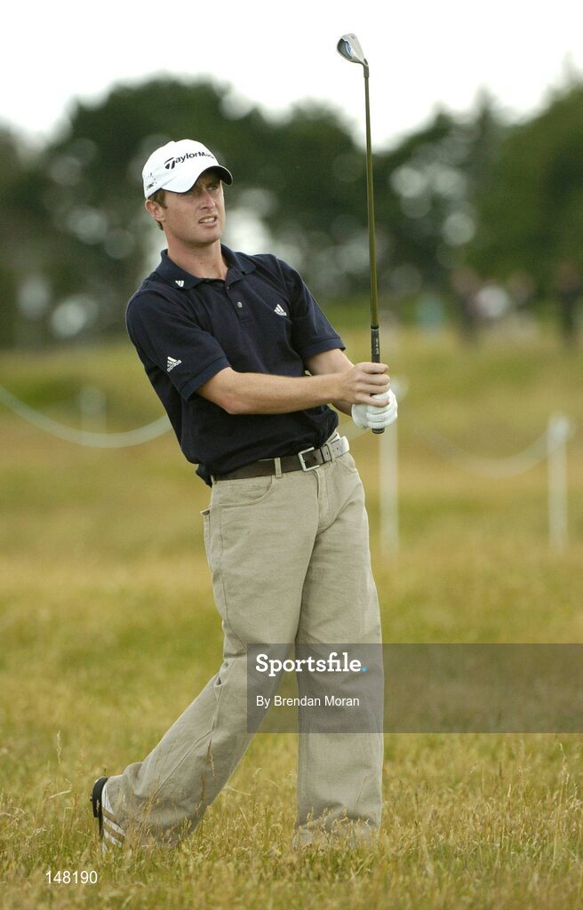 21 July 2004; Danny Sugrue watches his second shot to the 1st green. Nissan Irish Open Pro Am, County Louth Golf Club, Baltray, Co. Louth. Picture credit; Brendan Moran / SPORTSFILE
