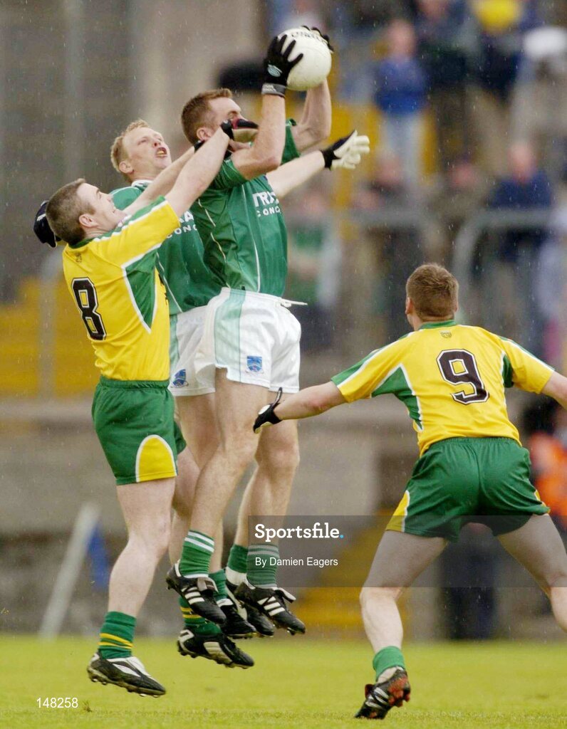 24 July 2004; Fermanagh's Martin McGrath and Liam McBarron in action against John Gildea, Donegal. Bank of Ireland Senior Football Championship Qualifier, Round 4, Fermanagh v Donegal, Tighernach's Park, Clones. Co. Monaghan. Picture credit; Damien Eagers / SPORTSFILE