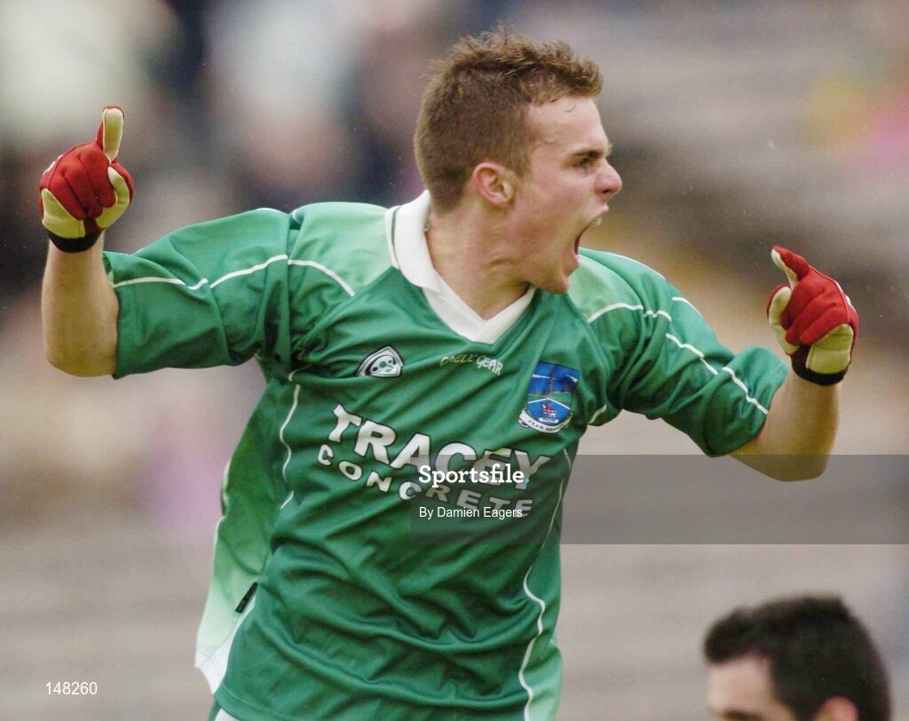 24 July 2004; Fermanagh's Eamon Maguire celebrates after scoring his sides opening goal. Bank of Ireland Senior Football Championship Qualifier, Round 4, Fermanagh v Donegal, Tighernach's Park, Clones. Co. Monaghan. Picture credit; Damien Eagers / SPORTSFILE